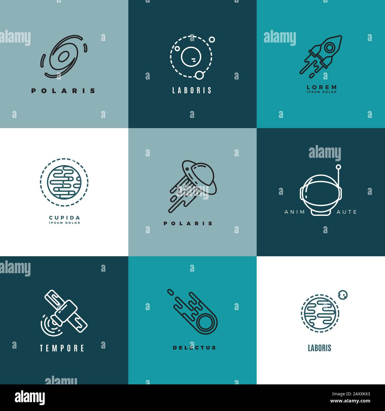 Universe und Astronomie - Symbole und Logos für dünne Linien. Shuttle- und Astronomie-Label, Technology Astronomie-Logo, sputnik Astronomie-Logotyp illust Stock Vektor