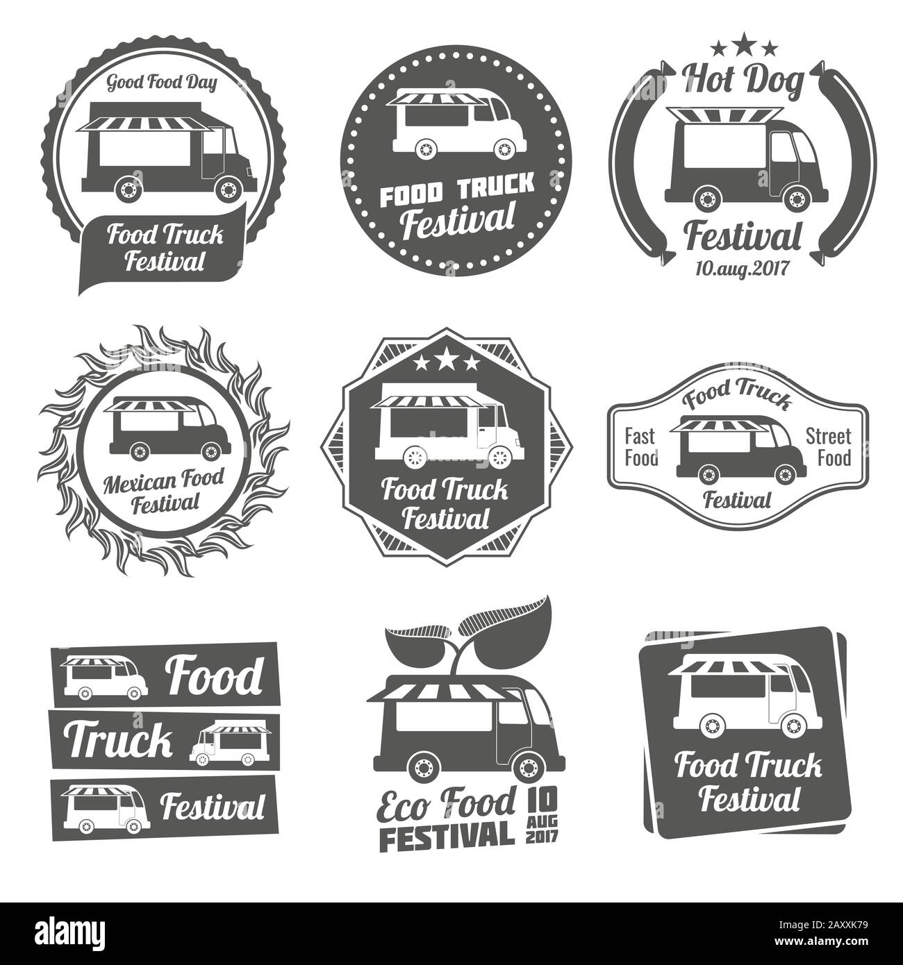 Vintage Embleme und Logos Vektor-Set für Food-Truck-Festivals. Aufkleber Lebensmittel-Truck, Symbol Vintage Food Truck, Plakette Food Truck Illustration Stock Vektor