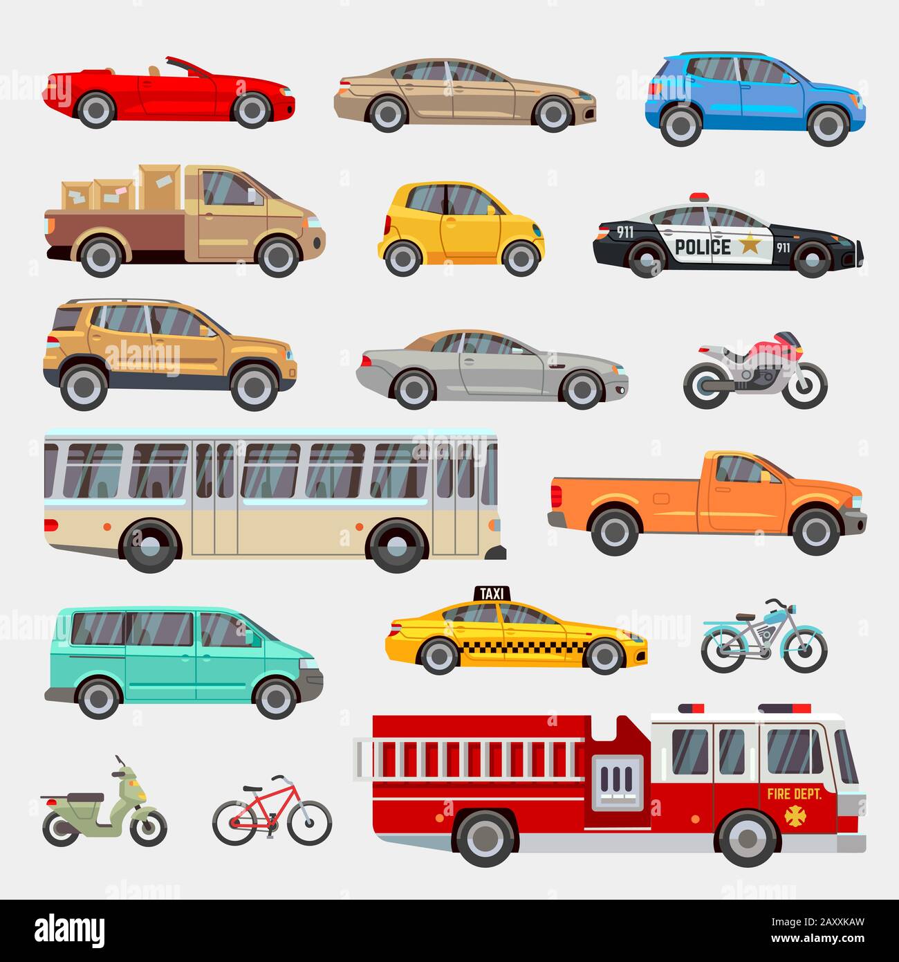 Stadt-, Stadtwagen und Fahrzeuge transportieren Vektor-Flachsymbole. Abbildung: Auto-, Auto-, Taxi- und Autotransport Stock Vektor