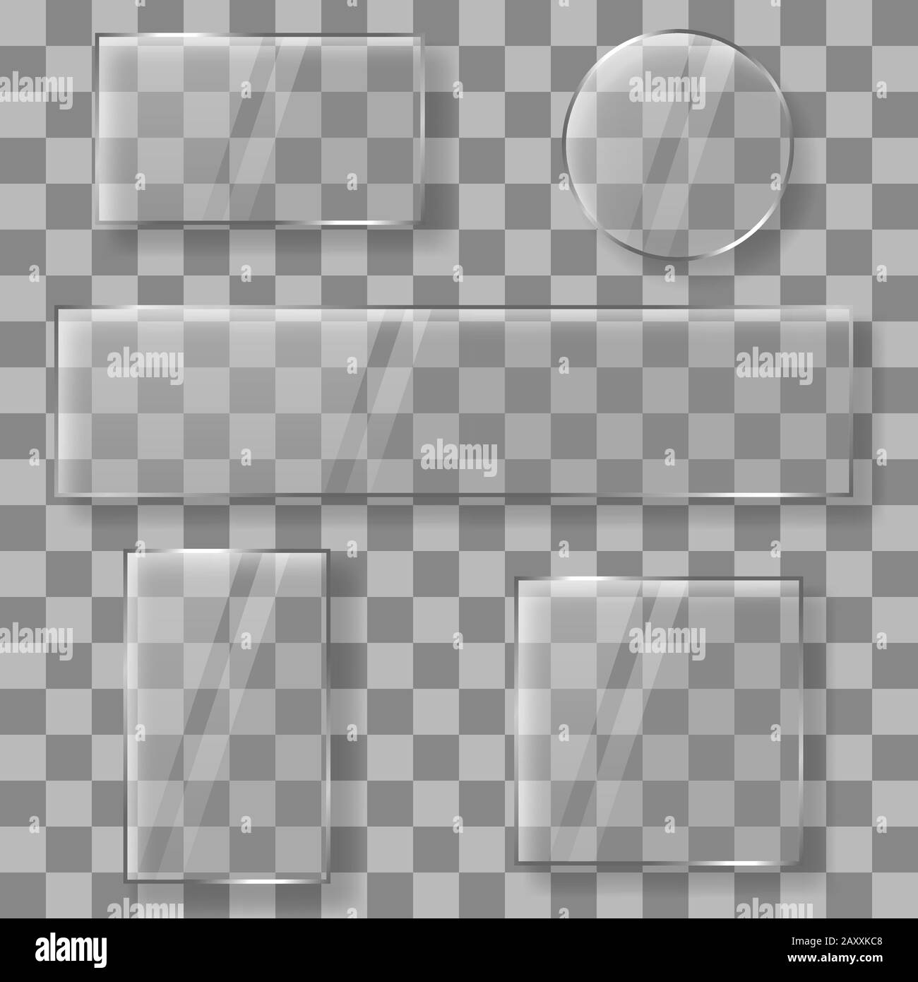 Transparente Vektor-Glasplatten-Banner auf Plaid Hintergrund. Glasbanner Paneele oder Glasrahmen auf transparenter Hintergrundvektorillustration Stock Vektor