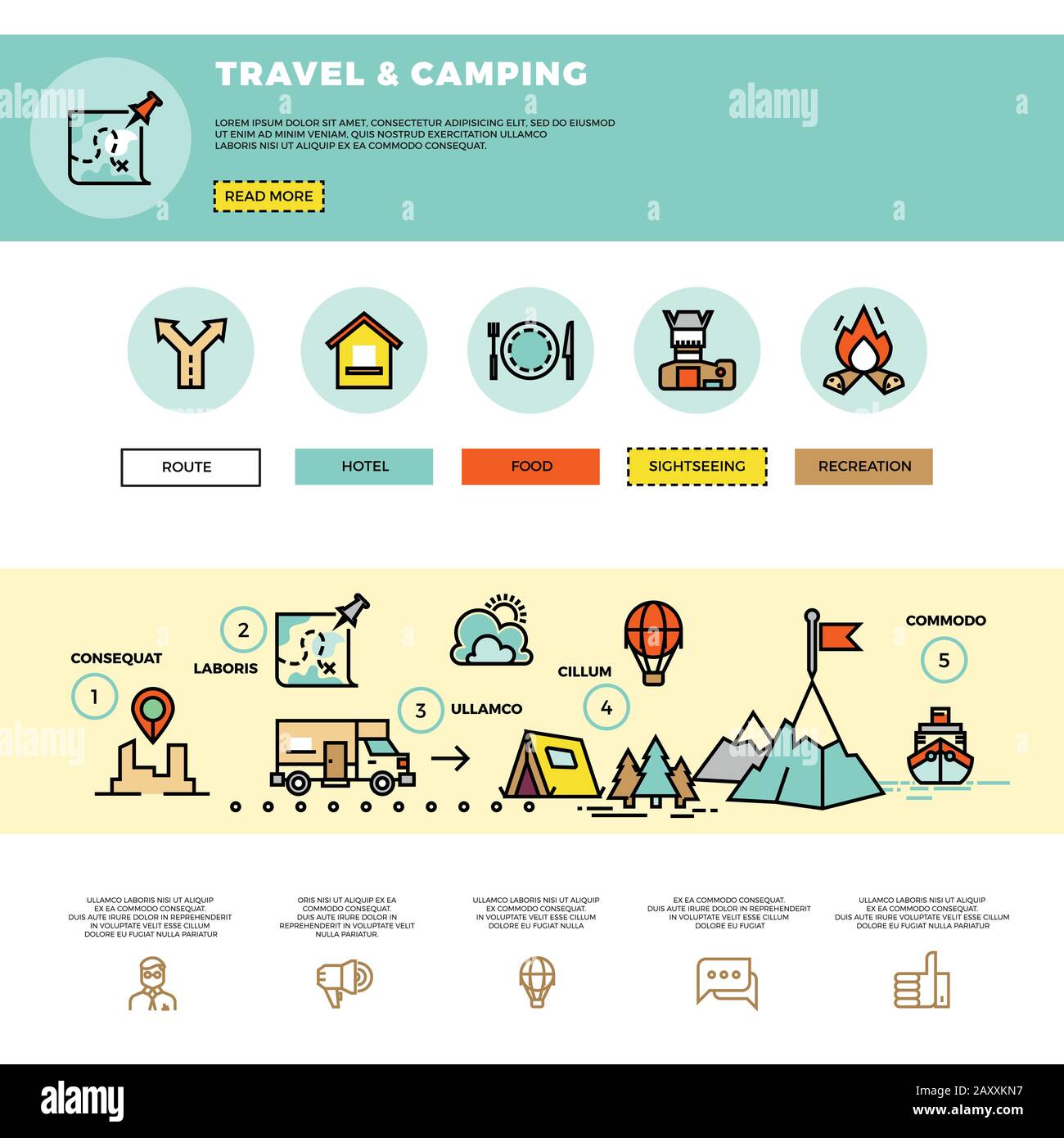 Infografik zu Camping, Reisen und Tourismus. Website-Design-Vorlage. Tourism Travel Website, Website Reise und Camping, Infografik Trabel Web il Stock Vektor