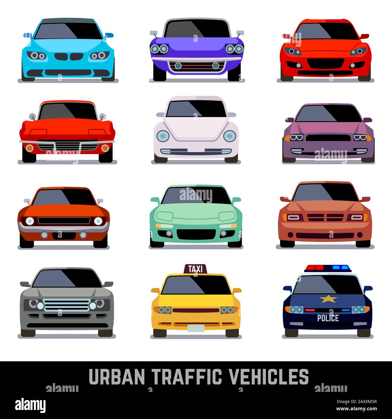 Städtische Verkehrsfahrzeuge, Autosymbole in flachem Stil. Modellauto, Polizeiwagen und Stadtwagen. Vektorgrafiken Stock Vektor