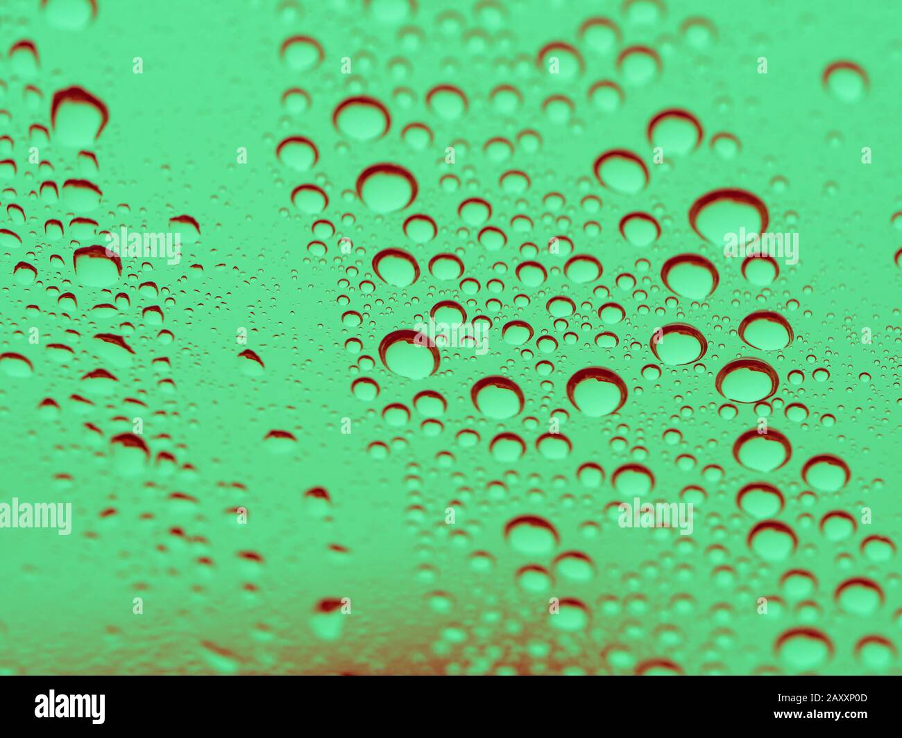 Ein makro-textures Foto von Wasser fällt auf Glas, das grün getönt ist Stockfoto