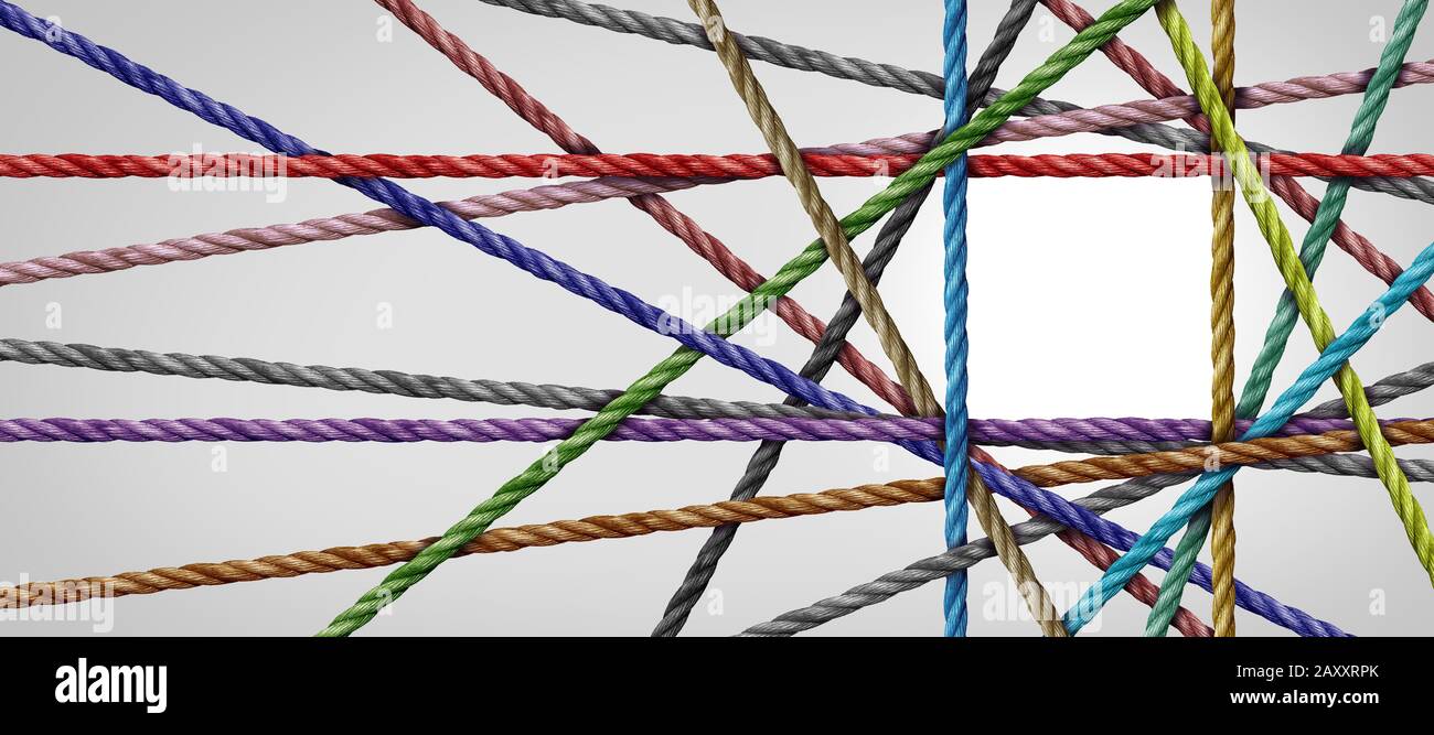 Divesisty Connection und eine eckige Seile bilden eine zentrale Winkelform als verbindliches Konzept für Business- oder Social Media. Stockfoto
