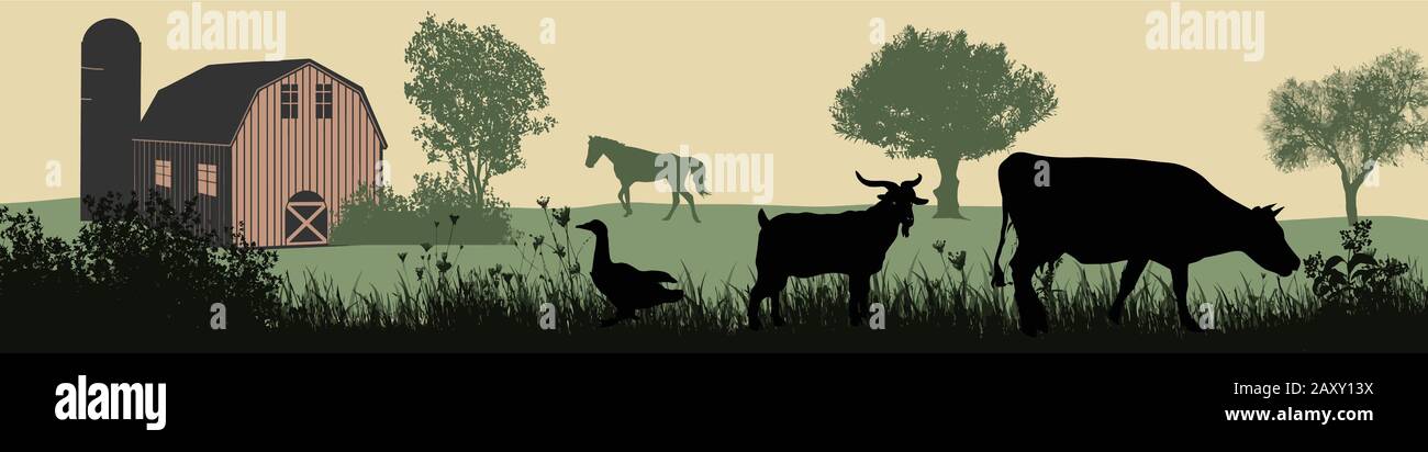Farm Animals Silhouette in schöner ländlicher Landschaft, Vektorgrafiken Stock Vektor