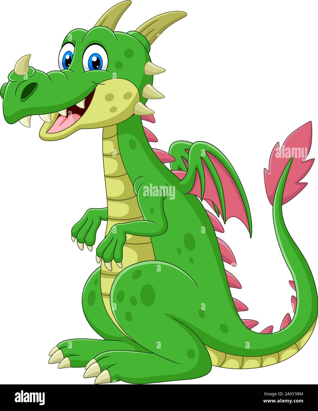 Cartoon fröhlicher grüner Drache sitzt Stock Vektor