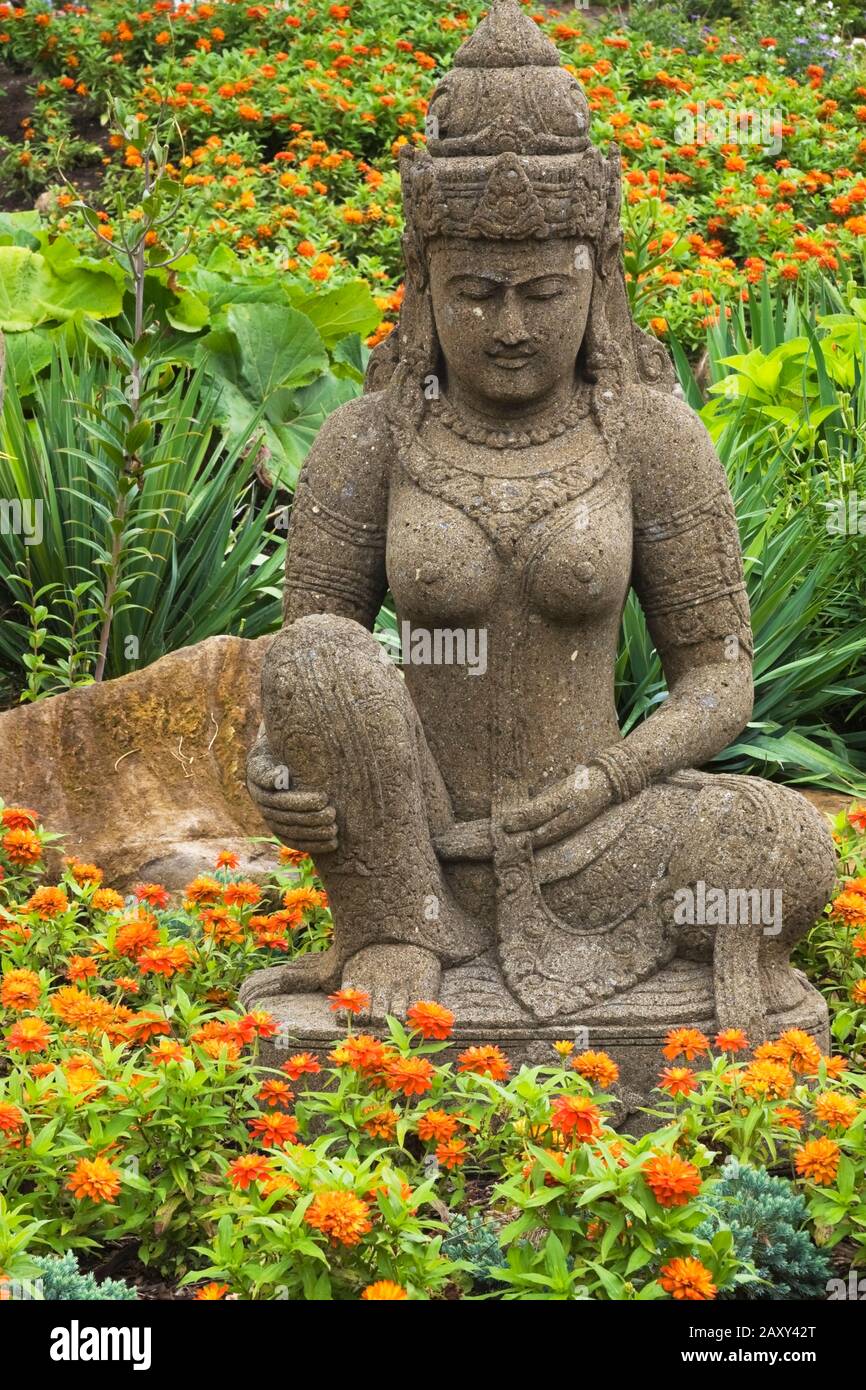 Indonesische Gottesskulptur aus braunem Stein in orangefarbenem Zinnia-Blumenbeet im Zen-Garten im Sommer an der Route des Gerbes d'Angelica. Stockfoto