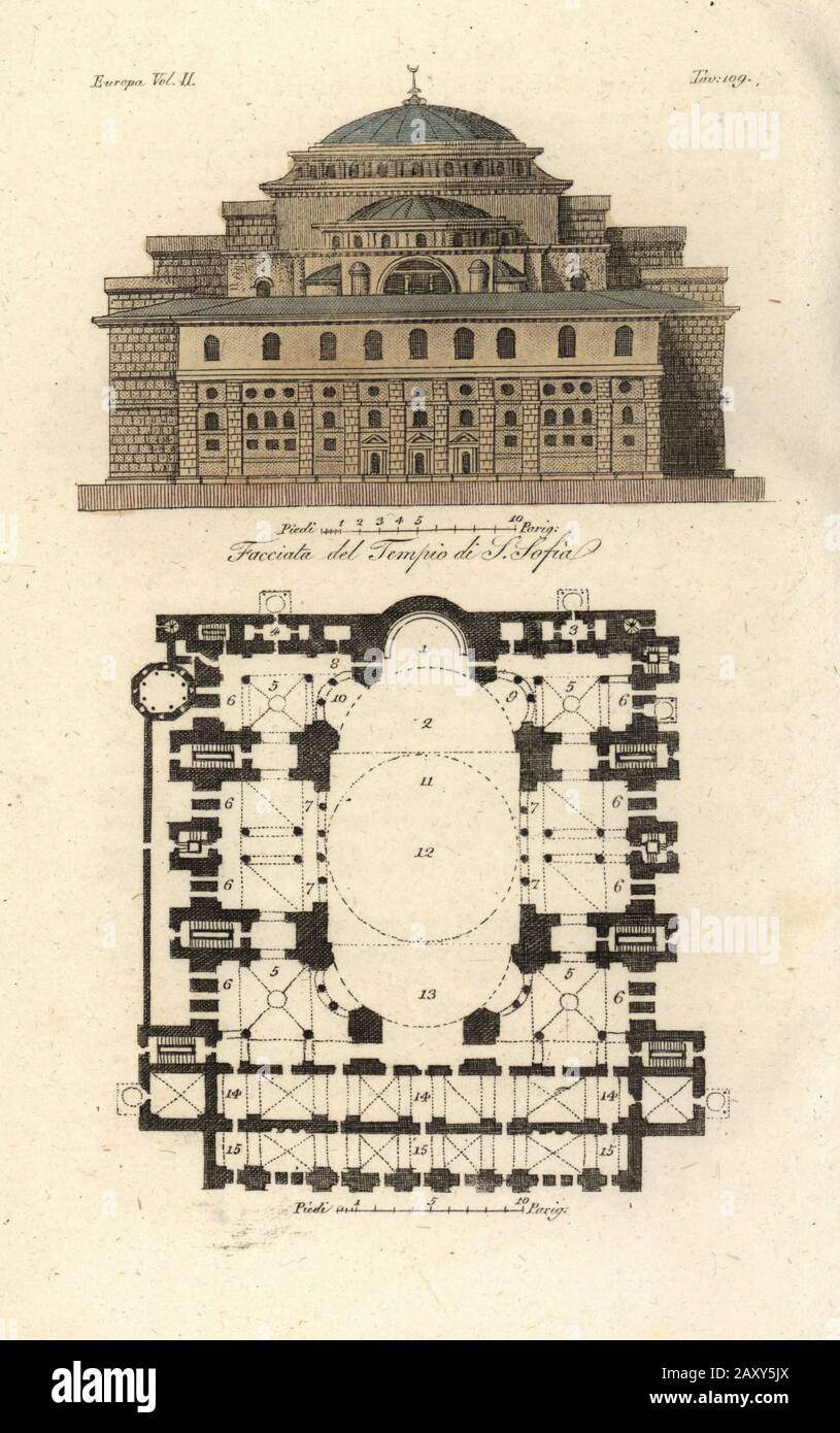 Fassade und Grundriss der Kirche Hagia Sophia, Istanbul. Heiligtum oder Absida 1, Soglia oder Begrenzung des Kirchenschiffs 2, Sakristei oder Diaconicon 3, Raum 4, Klassenzimmer 5, Portico 6,7, Kaisersitz 8, Altar oder Prothese 9, Altar 10, Stufe oder Ambon 11, Grand Dome 12, Vestibül 13, Pronaos oder Narthex 13, Vestibül und Atrium 15. Facciata del Tempio di Sancta Sofia. Handfarbige Kupferstichgravur von Corsi aus Giulio Ferrarios Kostümen Alt und Modern der Völker der Welt, Il Costume Antico e Moderno, Florenz, 1826. Stockfoto