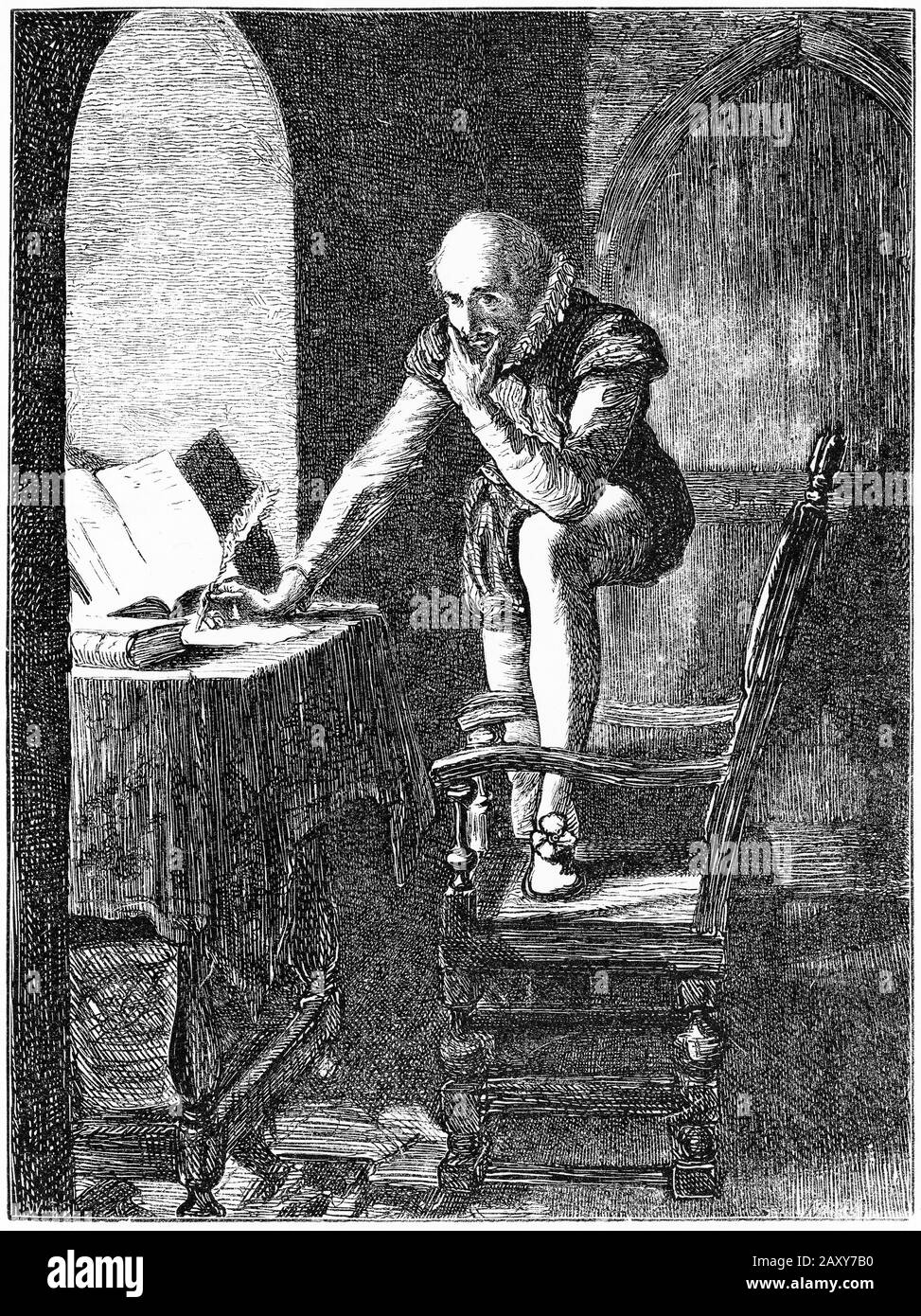 Gravur von Sir Walter Raleigh (ca. 1552 - 1618), englischer Landad-Gentleman, Schriftsteller, Dichter, Soldat, Politiker, Höfling, Spion und Entdecker. Raleigh war eine der bemerkenswertesten Persönlichkeiten der elisabethanischen Zeit, aber er wurde hingerichtet, um die Spanier zu besänftigen, nachdem er einen Vertrag von 1604 gebrochen hatte. Stockfoto