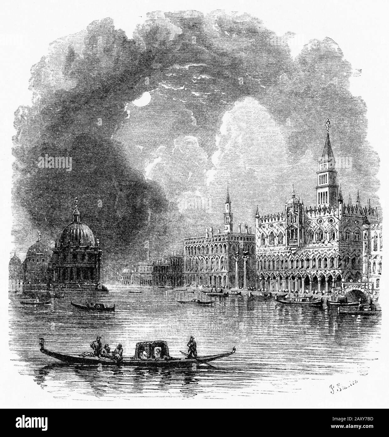 Gravur einer Gondel in Venedig, Italien. Stockfoto