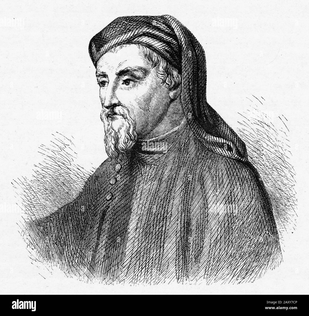 Graviertes Porträt von Geoffrey Chaucer (1340er - 1400) englischer Dichter und Autor. Weithin als der größte englische Dichter des Mittelalter angesehen, ist er am bekanntesten für Die Canterbury Tales. Chaucer wurde zum "Vater der englischen Literatur" stilisiert. Stockfoto