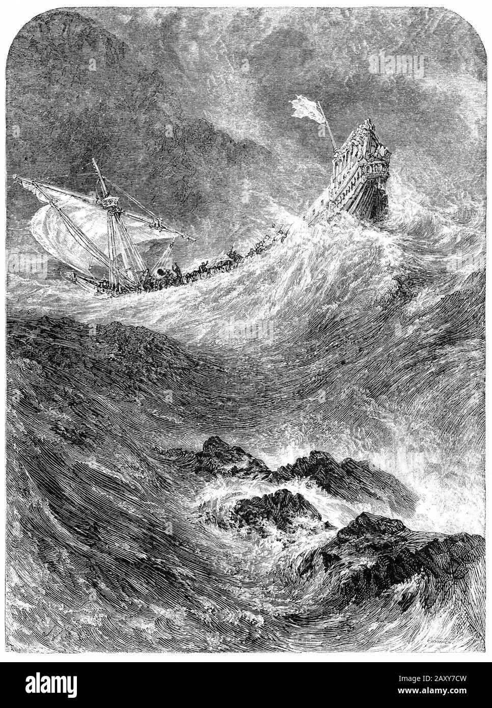 Gravur eines Segelschiffs im Sturm Stockfoto