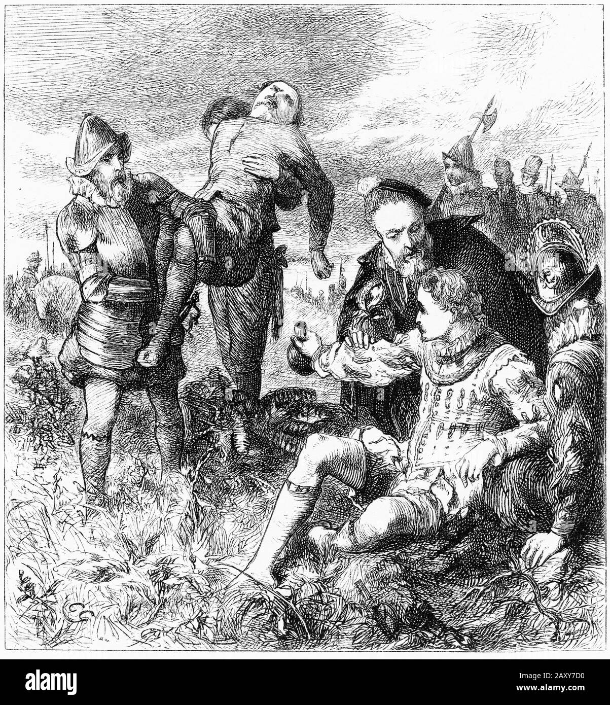Engravingt von Sir Philip Sidney (1554 - 1586) englischer Dichter, Höfling, Gelehrter und Soldat, der als eine der prominentesten Persönlichkeiten des elisabethanischen Zeitalters in Erinnerung bleibt, und besonders wegen seines selbstlosen Tapferkeitsausgleichs auf dem Schlachtfeld in Zutphen im Jahr 1586. Während er verletzt lag, gab er sein Wasser einem anderen verletzten Soldaten und sagte: "Deine Notwendigkeit ist noch größer als meine." Stockfoto