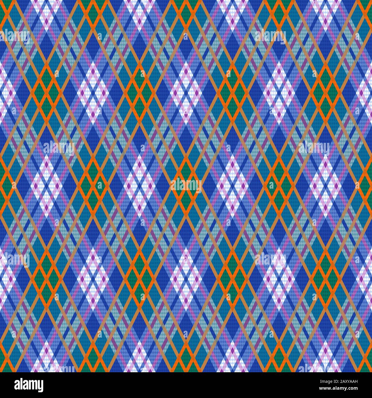 Detailliertes, nahtloses Rhomb-Illustrationsmuster als Tartan-Plaid, hauptsächlich in blauen Farbtönen mit violetten und orangefarbenen Linien Stock Vektor