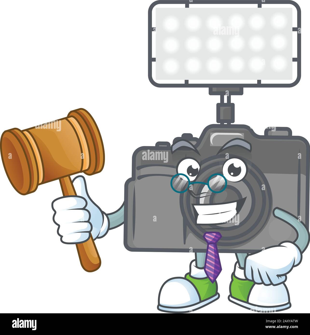 Eine kluge Judge Fotokamera mit Beleuchtung im Comicstrip-Charakterdesign Stock Vektor