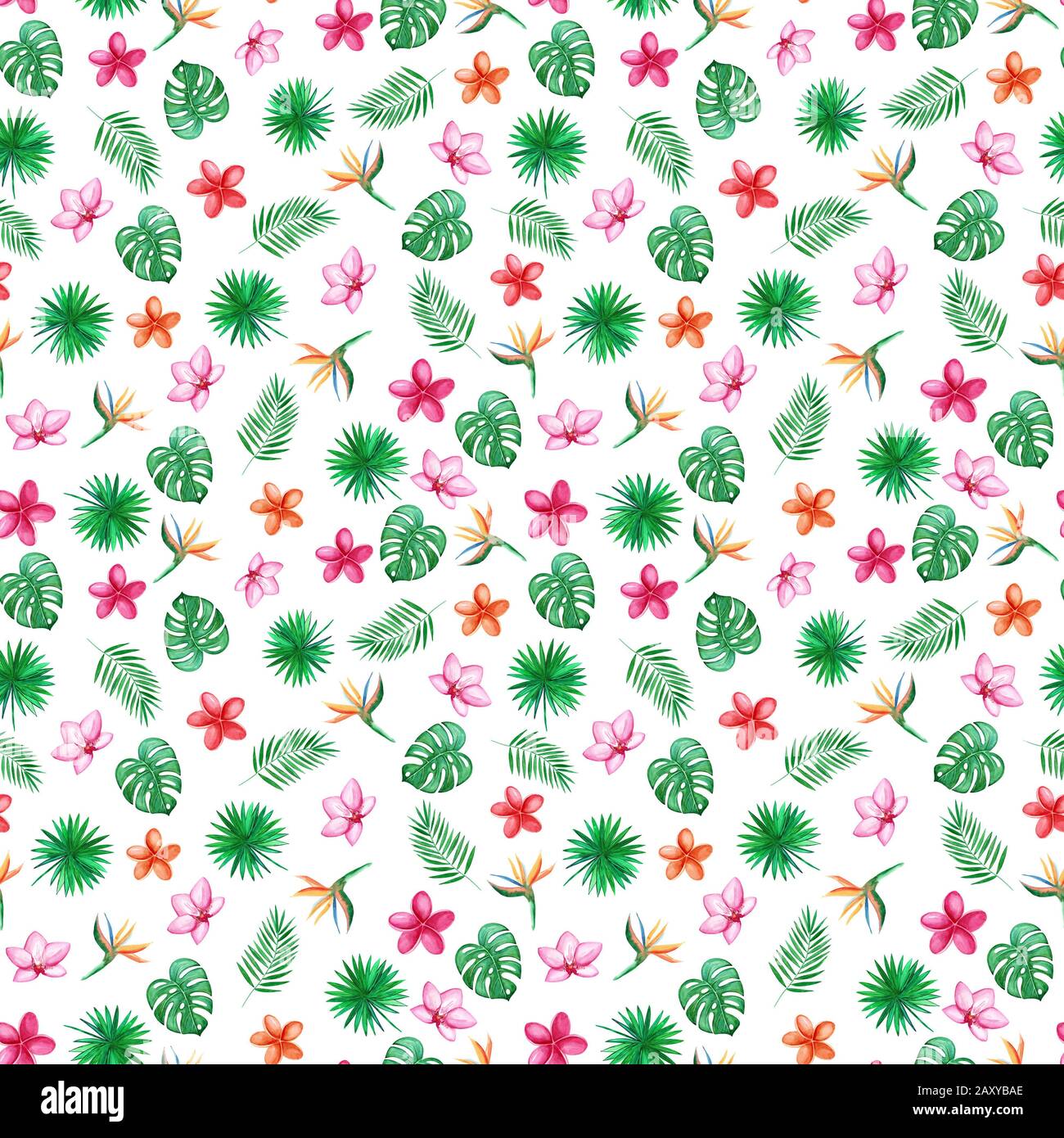 Aquarell grün Palm Blätter auf einem weißen Hintergrund. Orchidee, Plumeria, Heliconia Blumen. Nahtlose Muster. Abbildung. Stockfoto