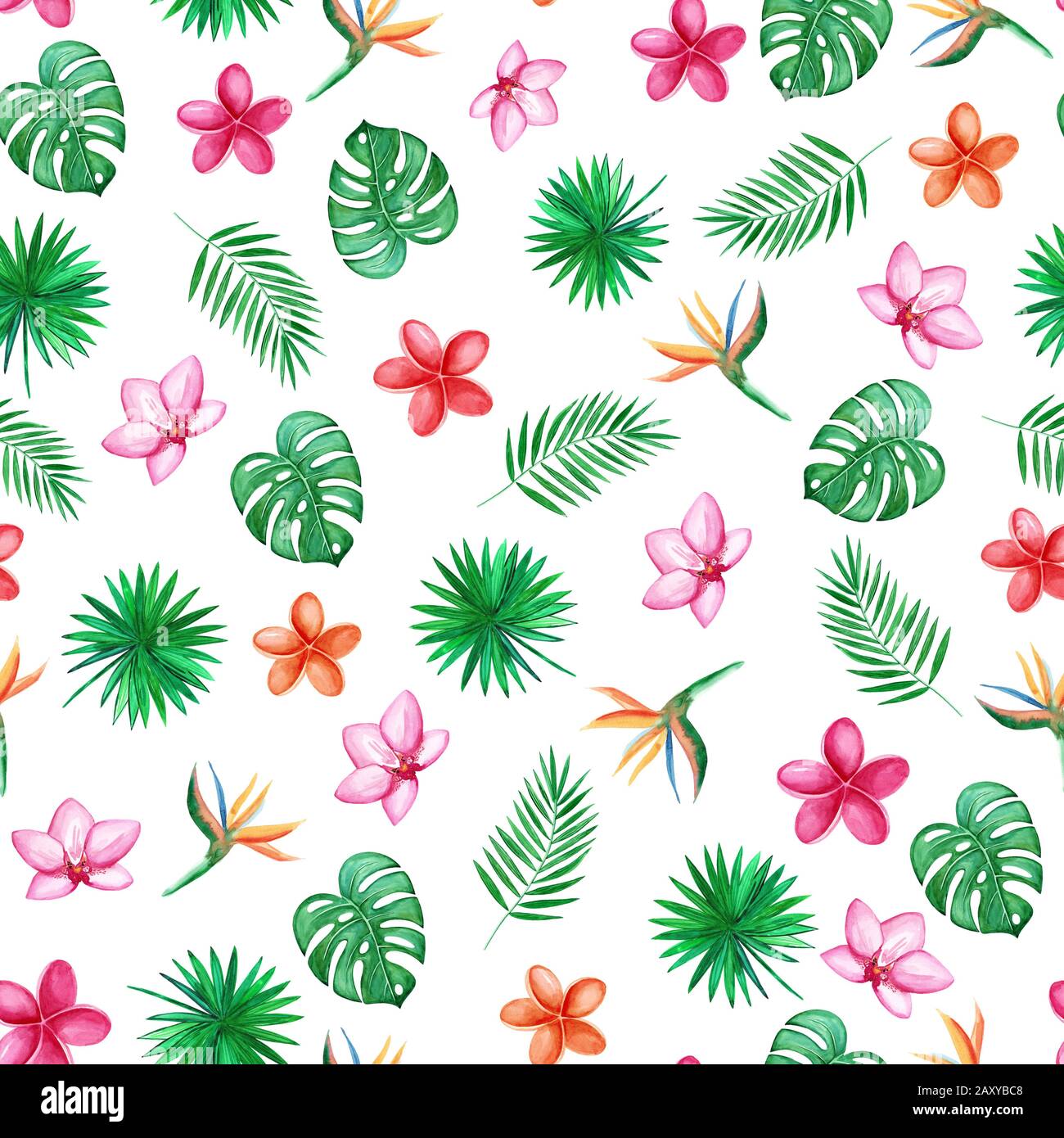 Aquarell grün Palm Blätter auf einem weißen Hintergrund. Orchidee, Plumeria, Heliconia Blumen. Nahtlose Muster. Abbildung. Stockfoto