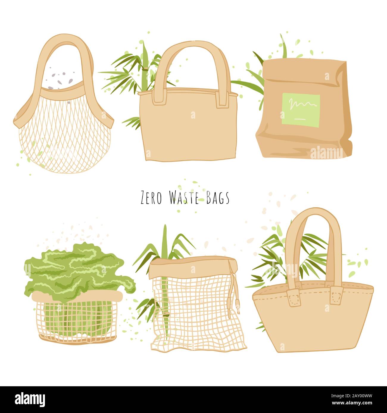 Set Isolierter Eco-Taschen in Handarbeit zeichnen Cartoon-Styl mit Bambusdekorationen. Ökologie Umwelt Lebensmitteleinkäufe, Müllsäcke und Stock Vektor