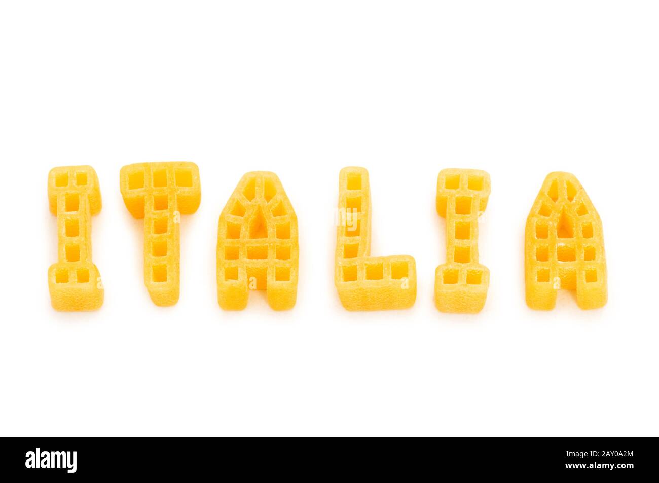 Italia mit Nudelformen auf weiß geschrieben Wort Stockfoto