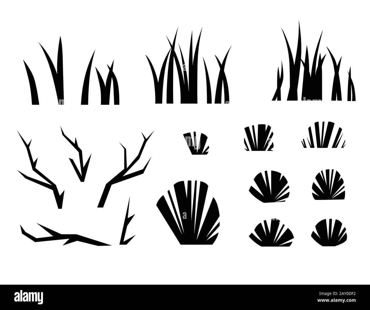 Schwarze Silhouette Wüstensandpflanzen und Dornen Unkraut flache Vektorgrafiken isoliert auf weißem Hintergrund. Stock Vektor