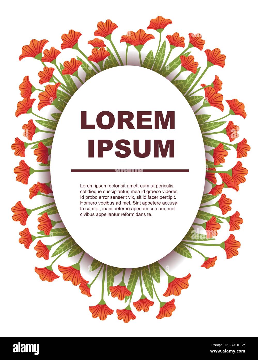 Grußkarte oder Flyer Konzeptdesign Ellipse in der Mitte mit roten Blumen flache Vektorgrafiken auf weißem Hintergrund. Stock Vektor