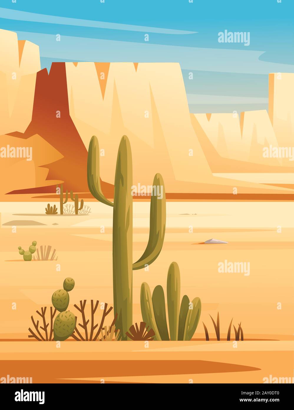 Wüstenlandschaft aus Steinwüste mit Pflanzen und Felsen sonniger Tag blauer Himmel flacher Vektor Illustration vertikales Design. Stock Vektor