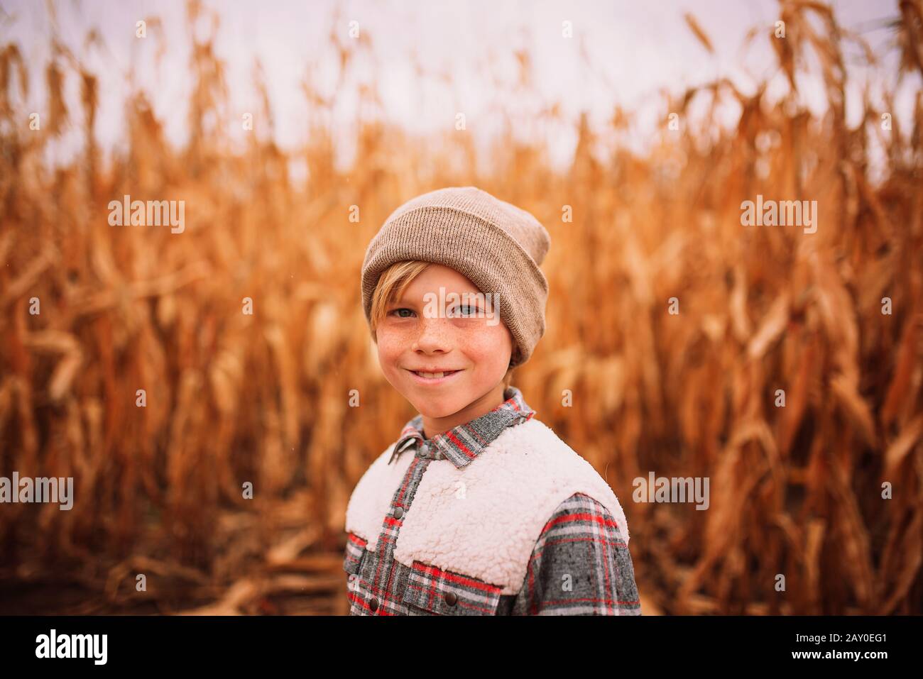 Lächelnder Junge, der im Herbst auf einem Maisfeld steht, USA Stockfoto