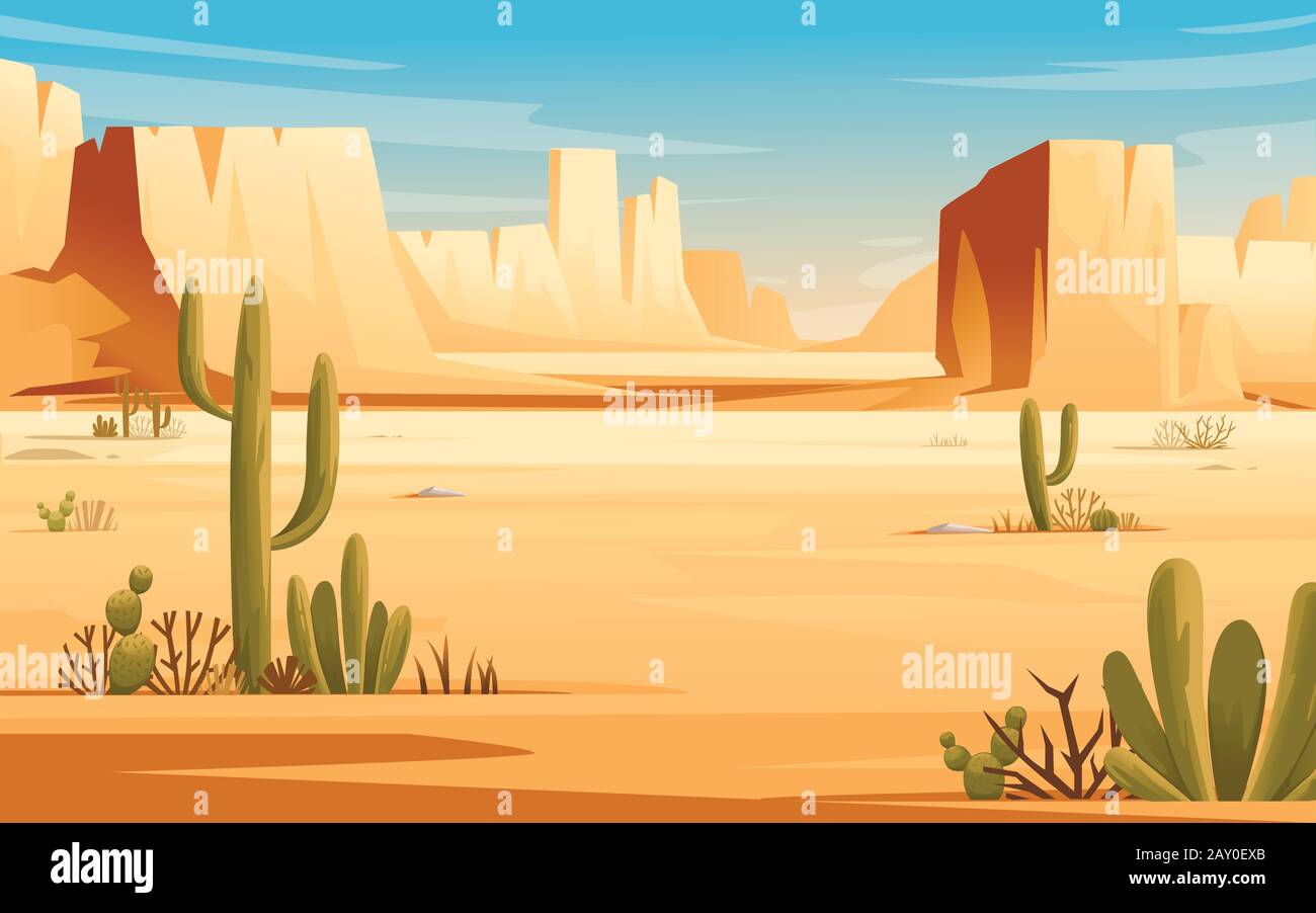 Wüstenlandschaft aus Steinwüste mit Pflanzen und Felsen sonniger Tag blauer Himmel flacher Vektor Illustration horizontales Design. Stock Vektor