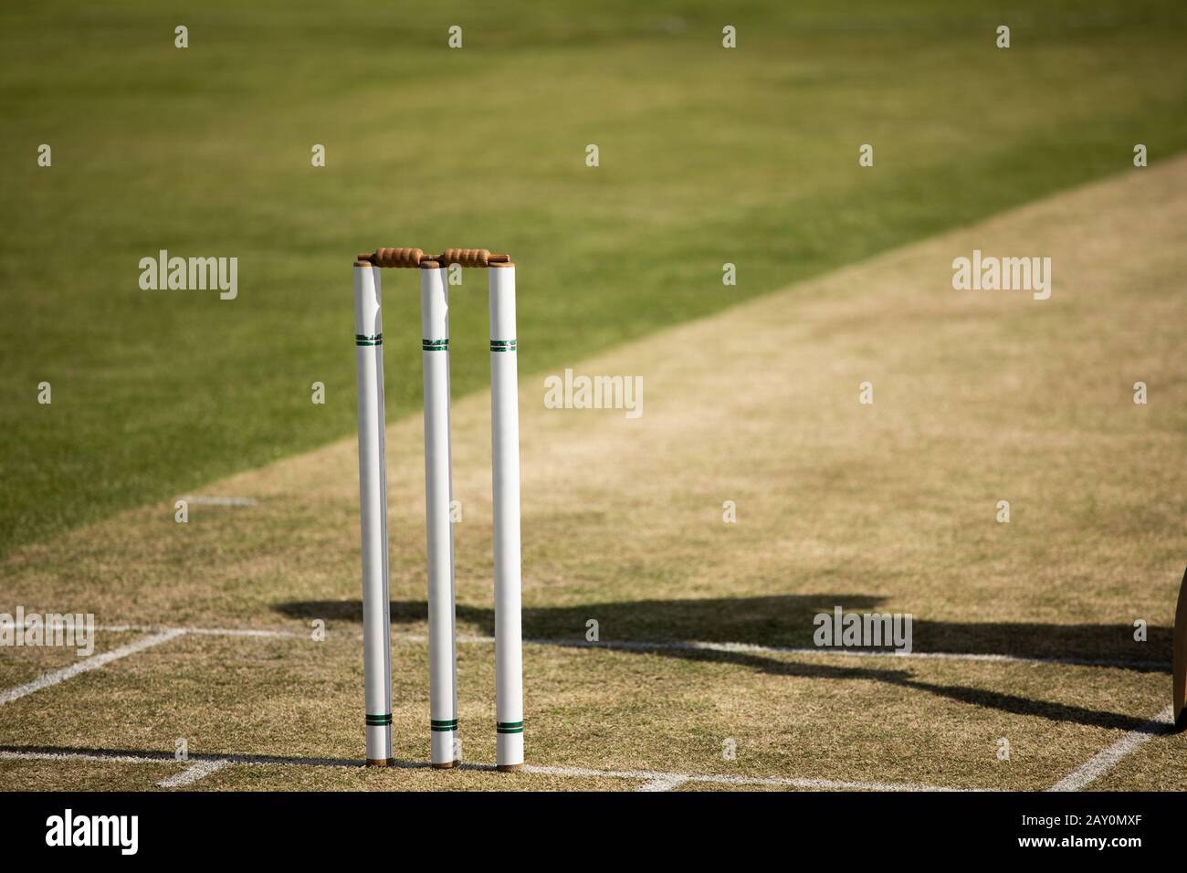 Cricket-Stumps stehen auf einem Cricket-Platz Stockfoto