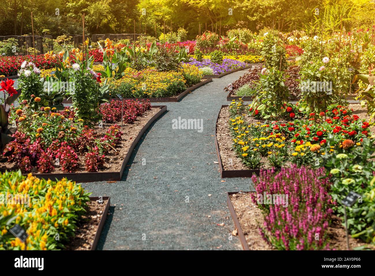 Schöner botanischer Garten mit Blumen und niedlichen Fußwegen in der Stadt Lyon, Frankreich Stockfoto