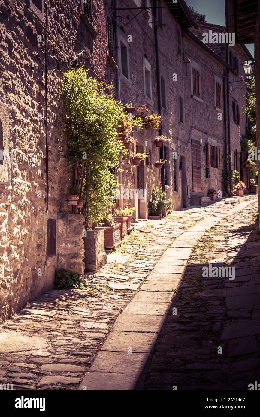 Toskana Straße im Frühling / Schmale Straße der italienischen Kleinstadt Cortona mit Steinhäusern Stockfoto