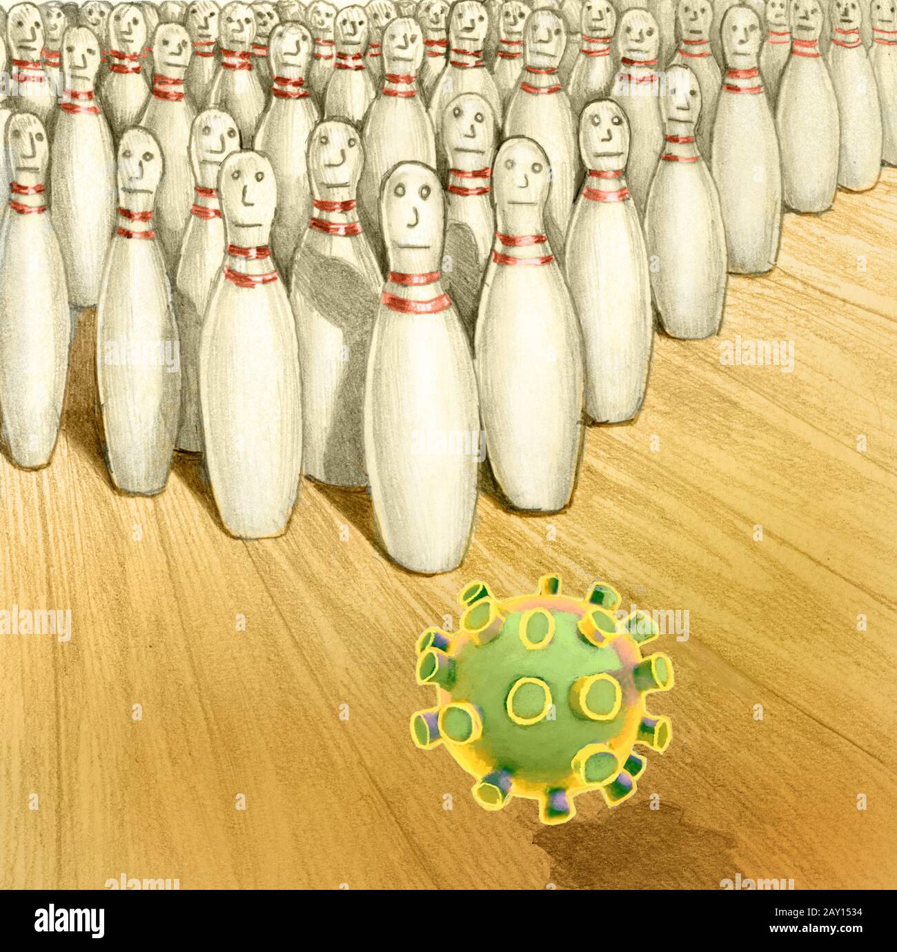 Virusinfektion vergewaltigt durch eine Humor-Illustration bakterieller Eindringlinge, die Krankheit und Krankheit für die Bowling-Metapher der Menschheit verursachen Stockfoto