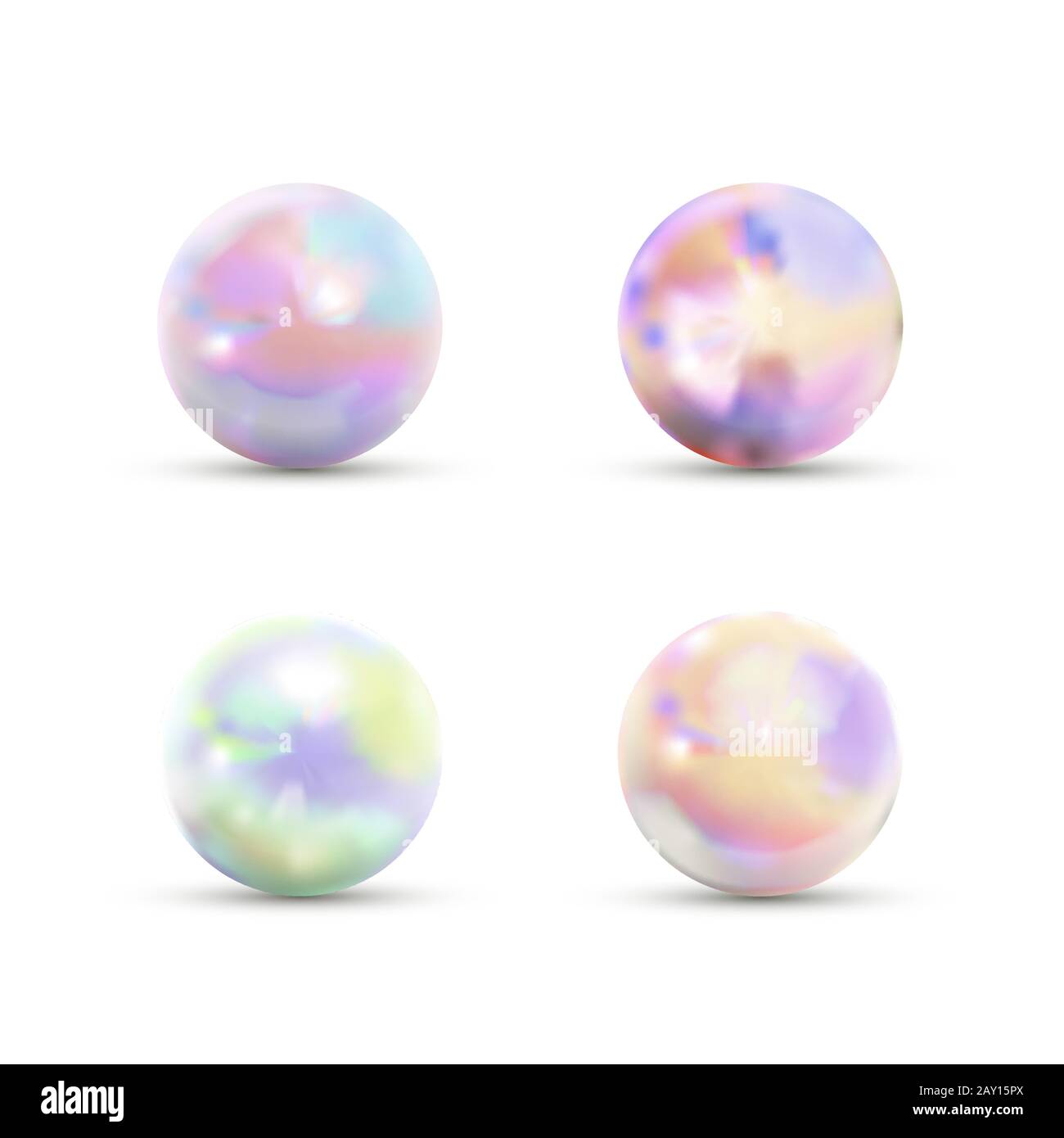 Set von realistischen glänzenden Marmorkugeln mit Regenbogen Blendung isoliert Auf Weiß Stock Vektor