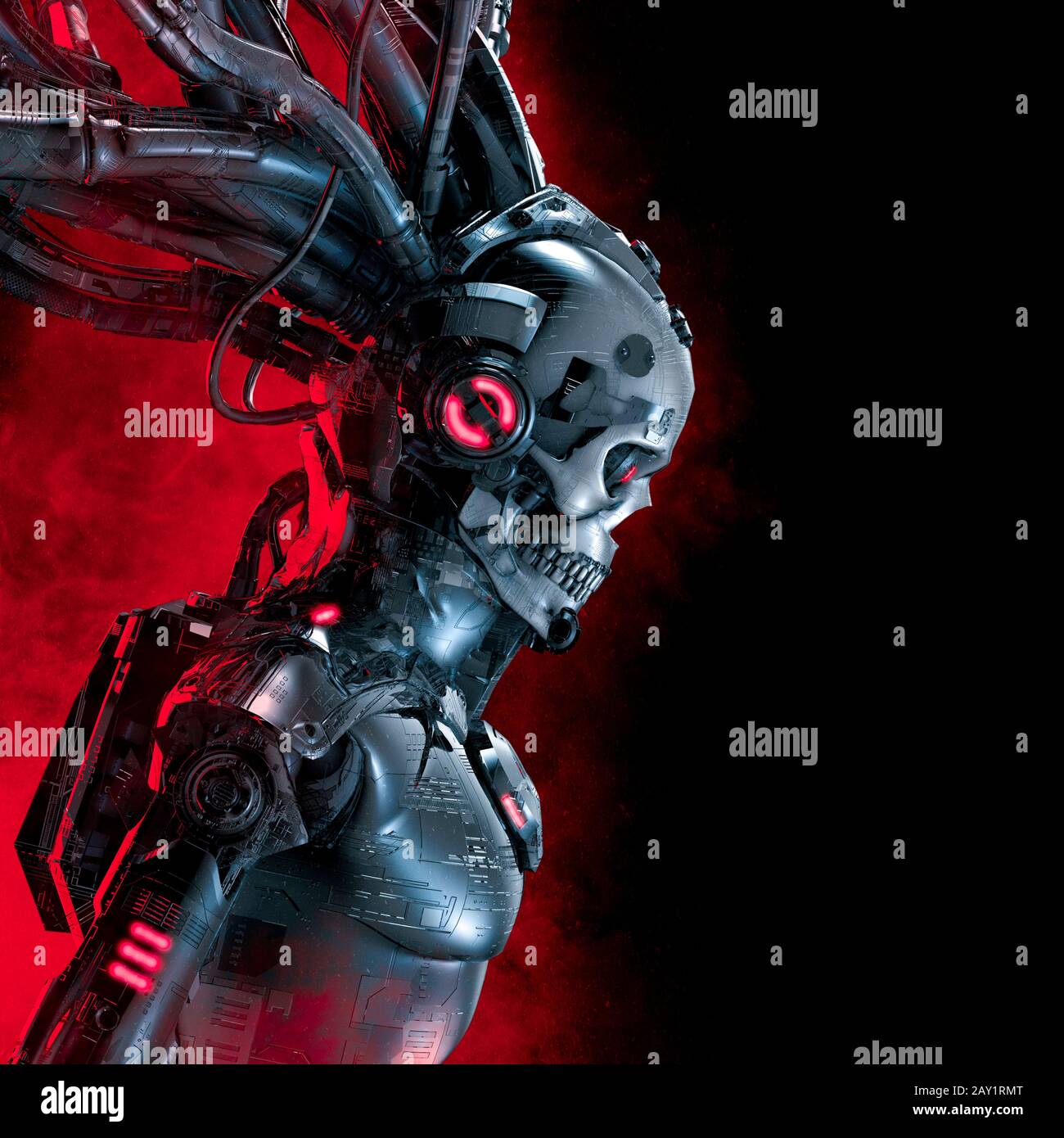 Reaper in der Nebel-/3D-Illustration des Cyber-Punk-Schädels von Science Fiction sah sich Robotersilhouetten ausgesetzt, die von glühendem rotem Rauch erzeugt wurden Stockfoto