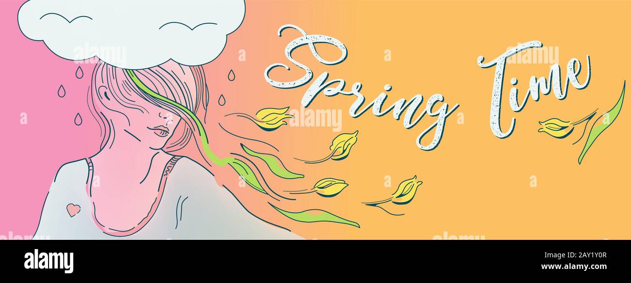 Abbildung: Facebook-Cover im Frühling, Mädchen in romantischer Stimmung, Frau mit fliegendem Haar und gelben Tulpen. Blumen am Frauentag. Psychologischer Kon Stockfoto