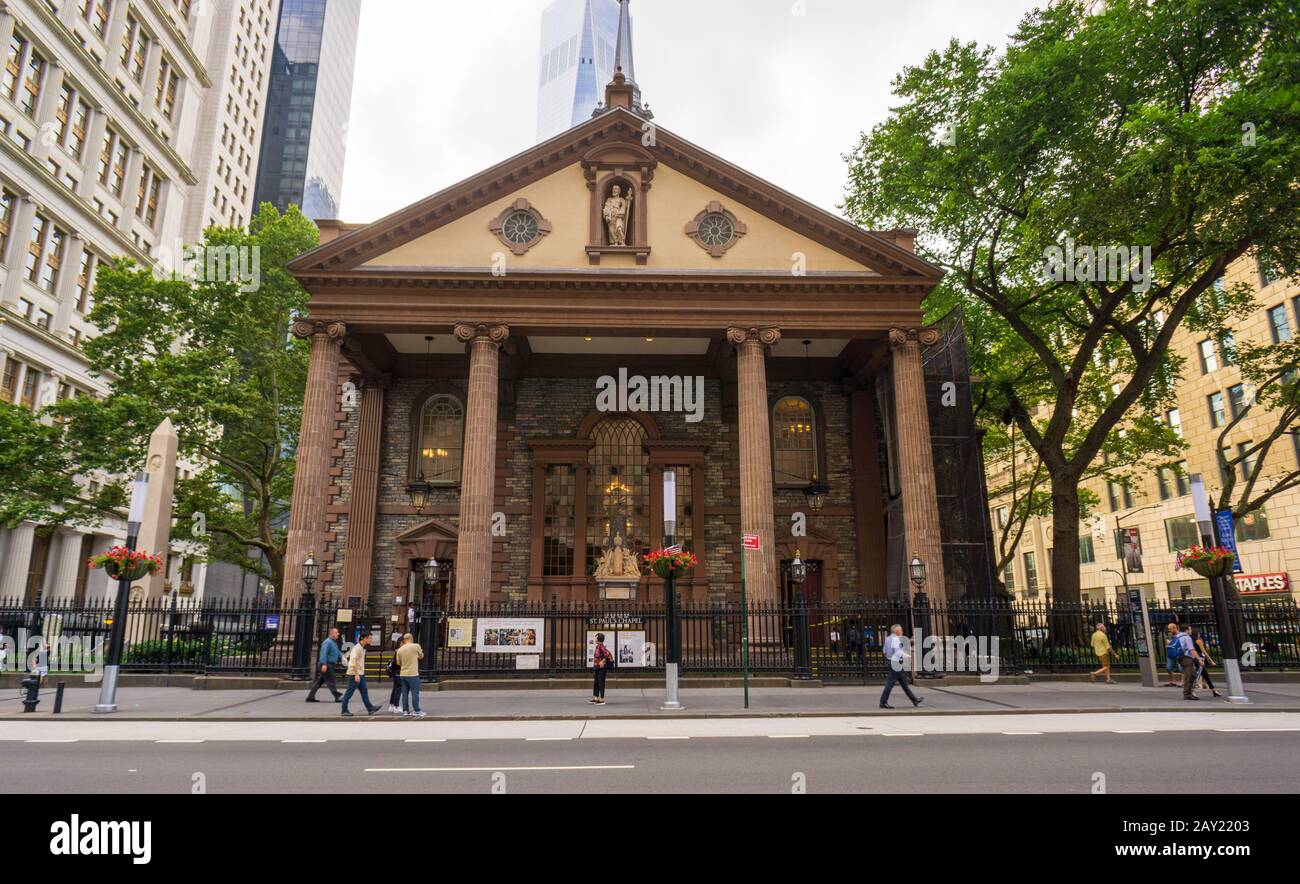 New York, USA - 20. August 2018: St. Paul's Chapel of Trinity Church Wall Street am Broadway, New York City, USA. Stockfoto