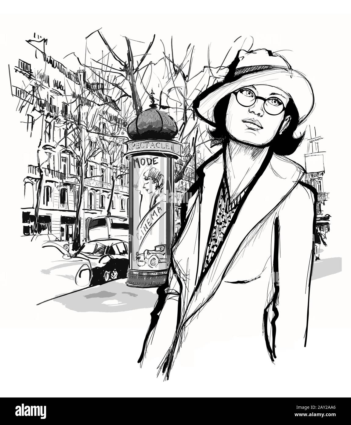 Hübsche Frau mit Hut, die in einer Straße in Paris spaziert - Vektorgrafiken (Ideal zum Drucken auf Stoff oder Papier, Plakat oder Tapete, Hausdekoration Stock Vektor