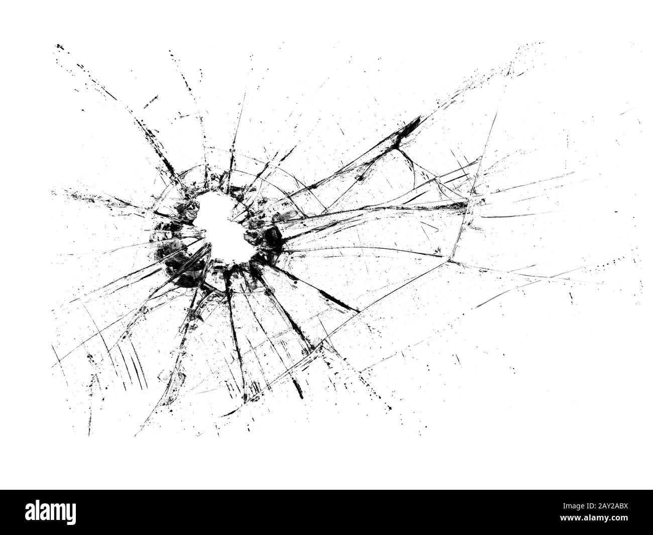 Dirk im Glas. Zerbrochenes Glas auf weißem Hintergrund, Textur Hintergrund Designobjekt Stockfoto