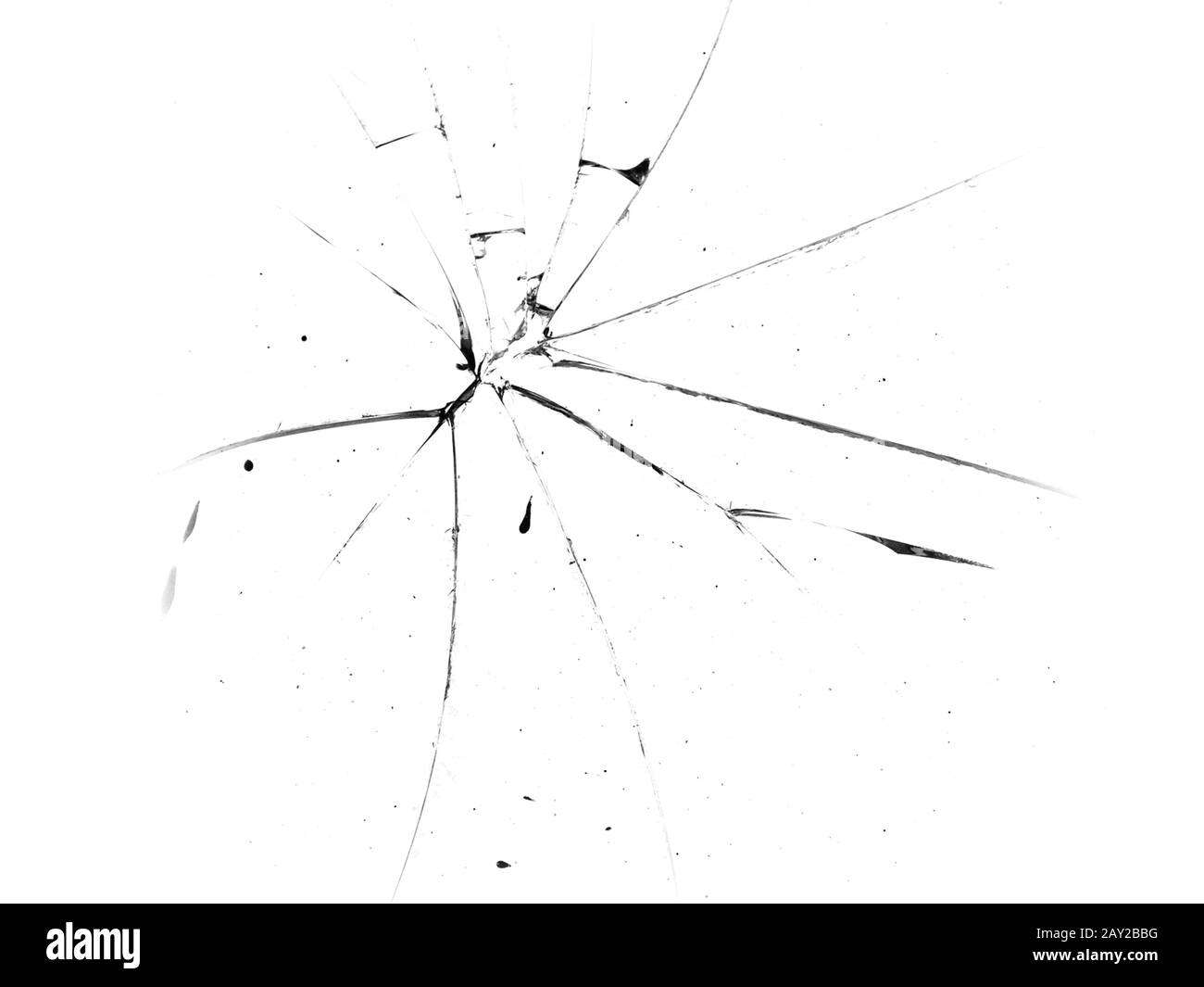 Risse im Glas. Zerbrochenes Glas auf weißem Hintergrund, Textur Hintergrund Designobjekt Stockfoto