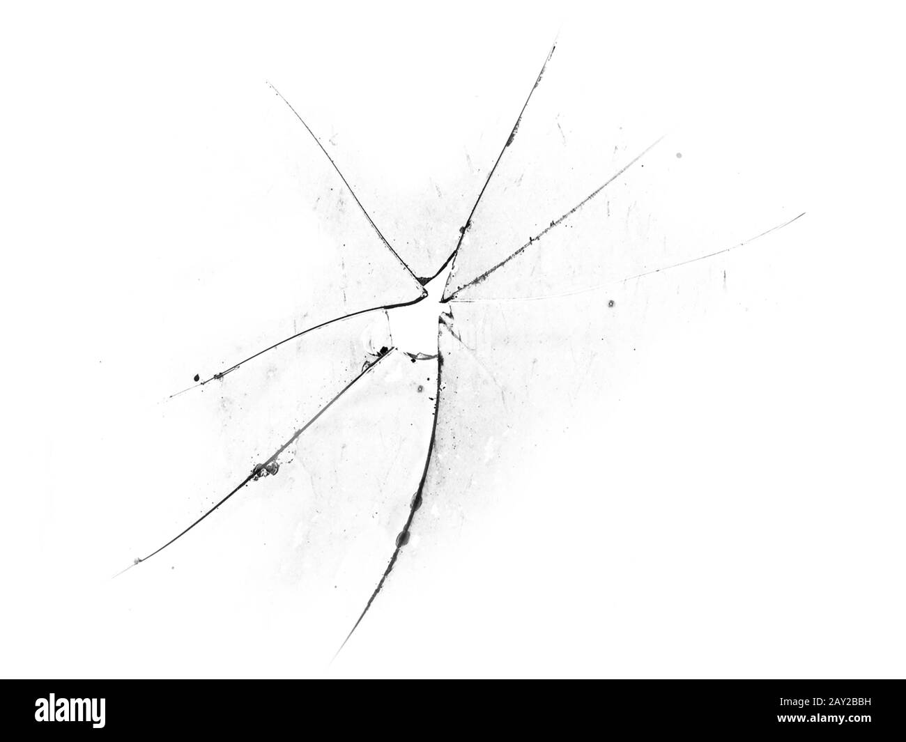 Risse im Glas. Zerbrochenes Glas auf weißem Hintergrund, Textur Hintergrund Designobjekt Stockfoto