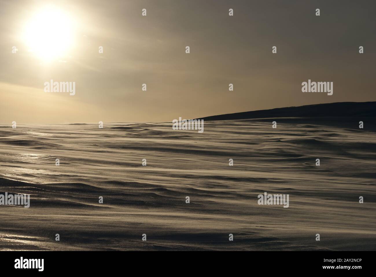 Verschneite antarktische Wüste mit hintergrundbeleuchteten antarktischen Winters. Stockfoto