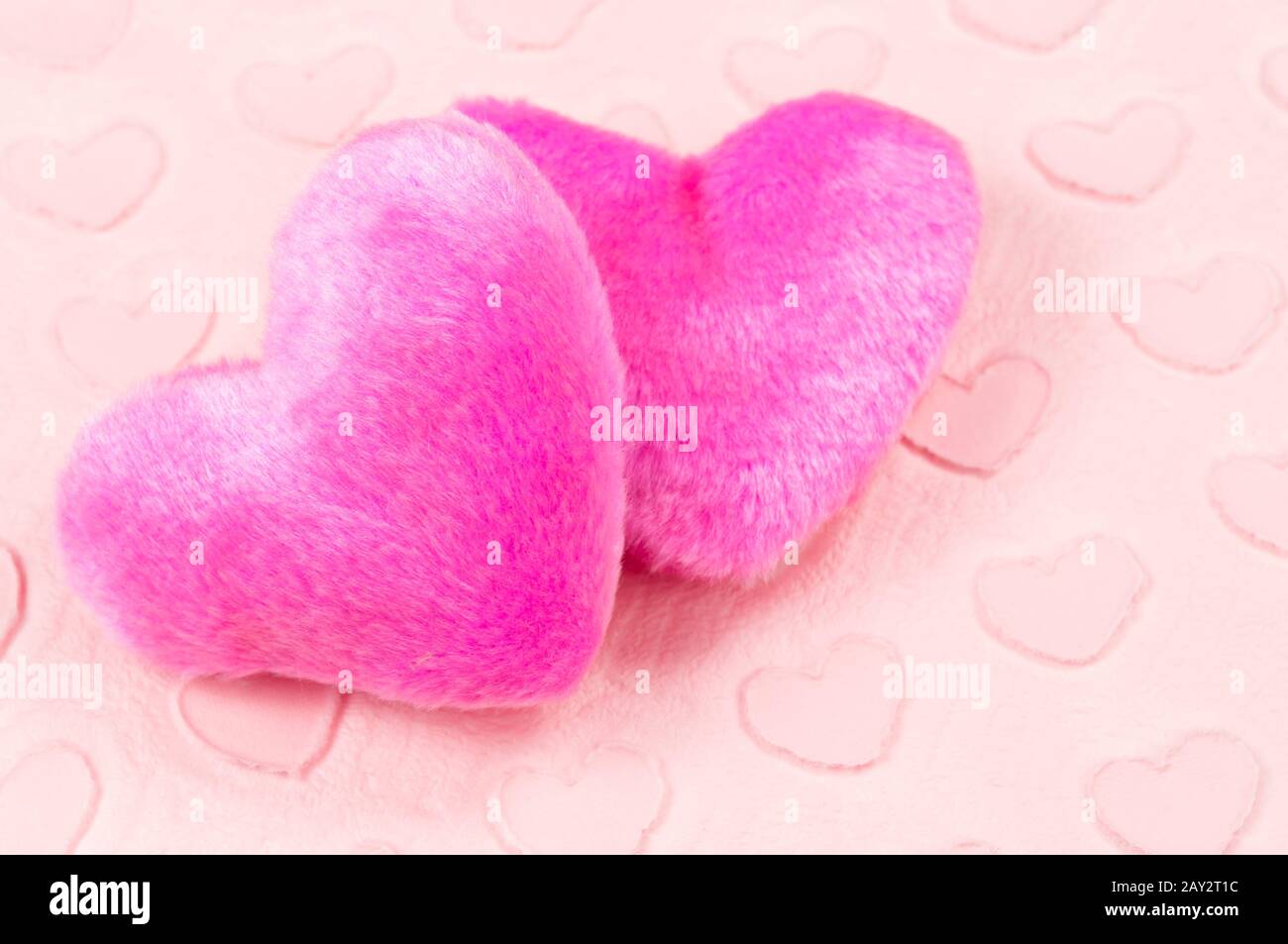 Ein Paar flauschige pinkfarbene Plüschherzen, die auf einem Hintergrund am Valentinstag sitzen Stockfoto
