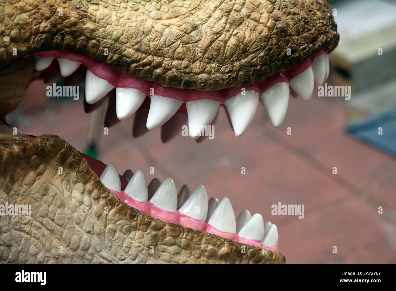 Nahaufnahme einer Reihe von Zähnen eines Dinosaure T-Rex Mund Tier Tier Monster Stockfoto