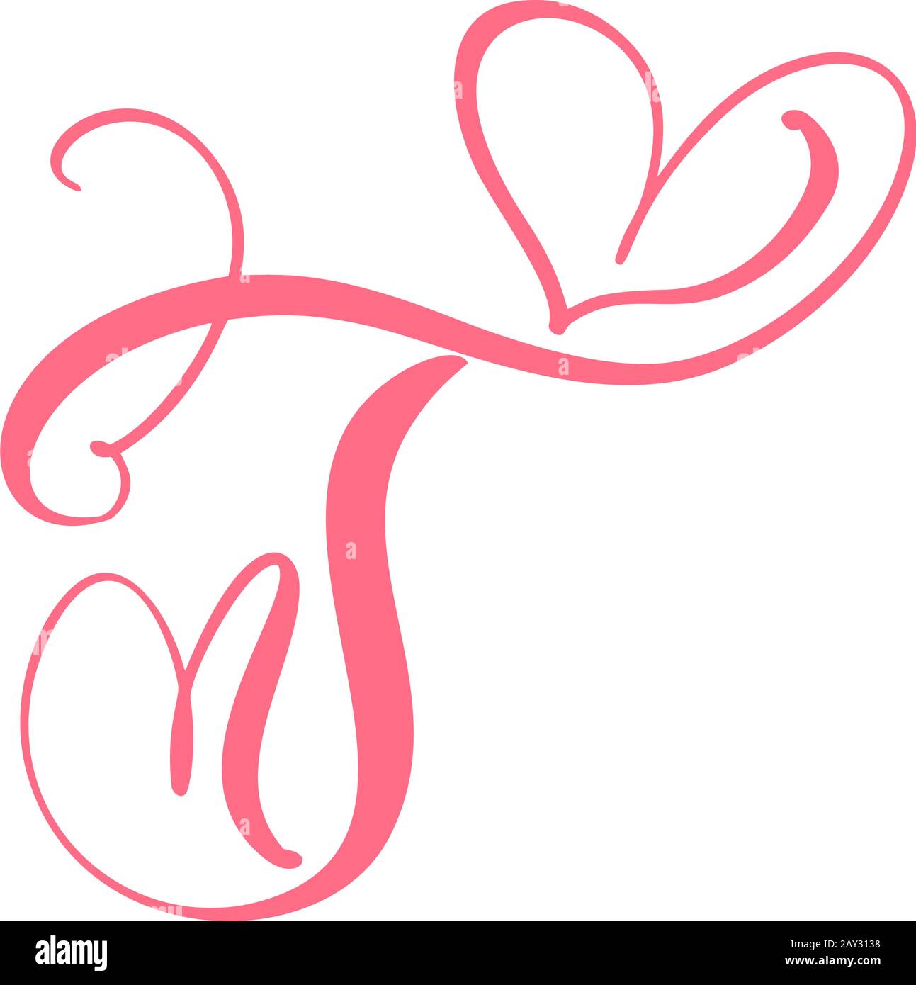 Vector Vintage Blumenmonogramm Brief T. Kalligraphie Element Herz Logo Valentinskarte blüht Rahmen. Handgezeichnetes Liebeszeichen für Seitendekoration und Stock Vektor