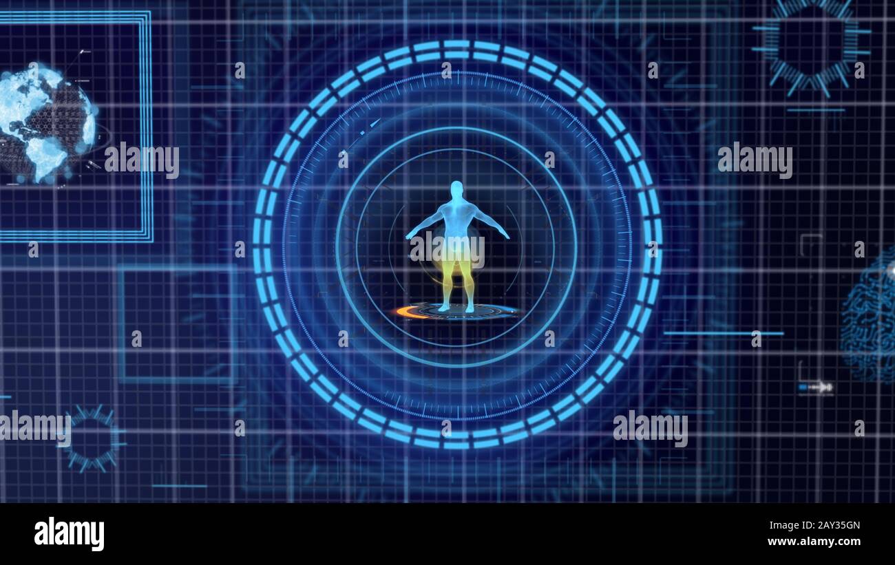 Futuristisches blaues Raster für HUD Medicine Personal Data zeigt Hintergrund an. Hologramm des menschlichen Körpers und Organs. Konzept für Gesundheits- und Geschäftstechnologie. D Stockfoto