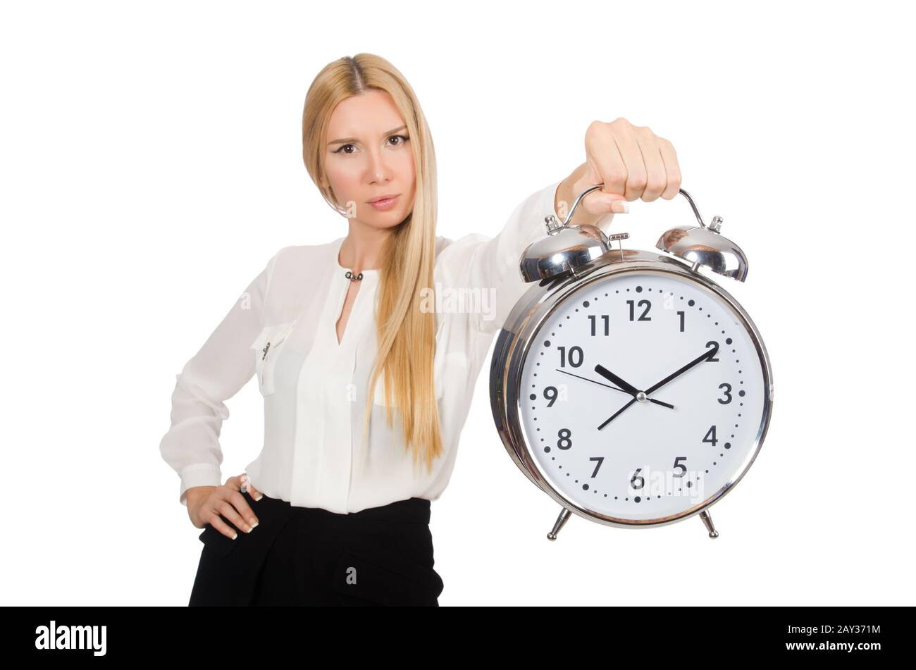 Geschäftsfrau mit Uhr auf dem weißen Hintergrund isoliert Stockfoto