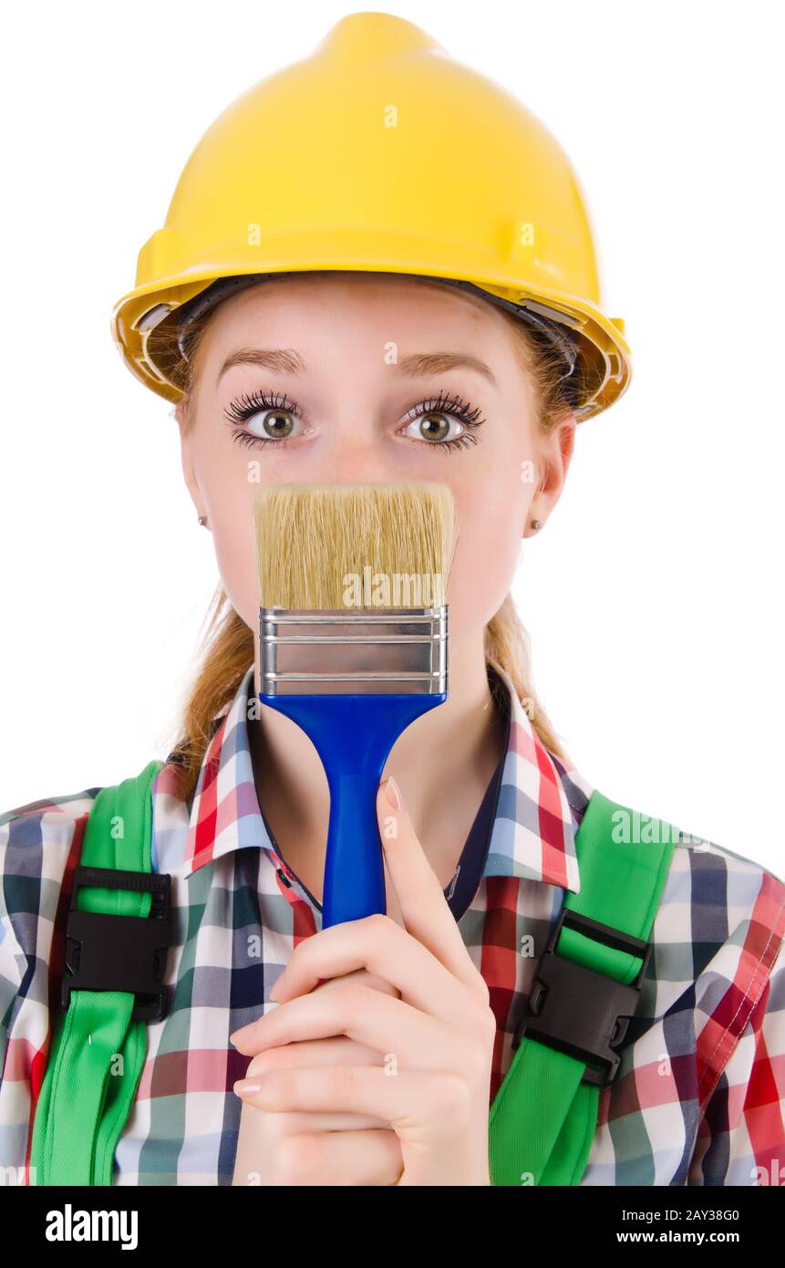 Funny woman painter in construction Fotos und Bildmaterial in hoher