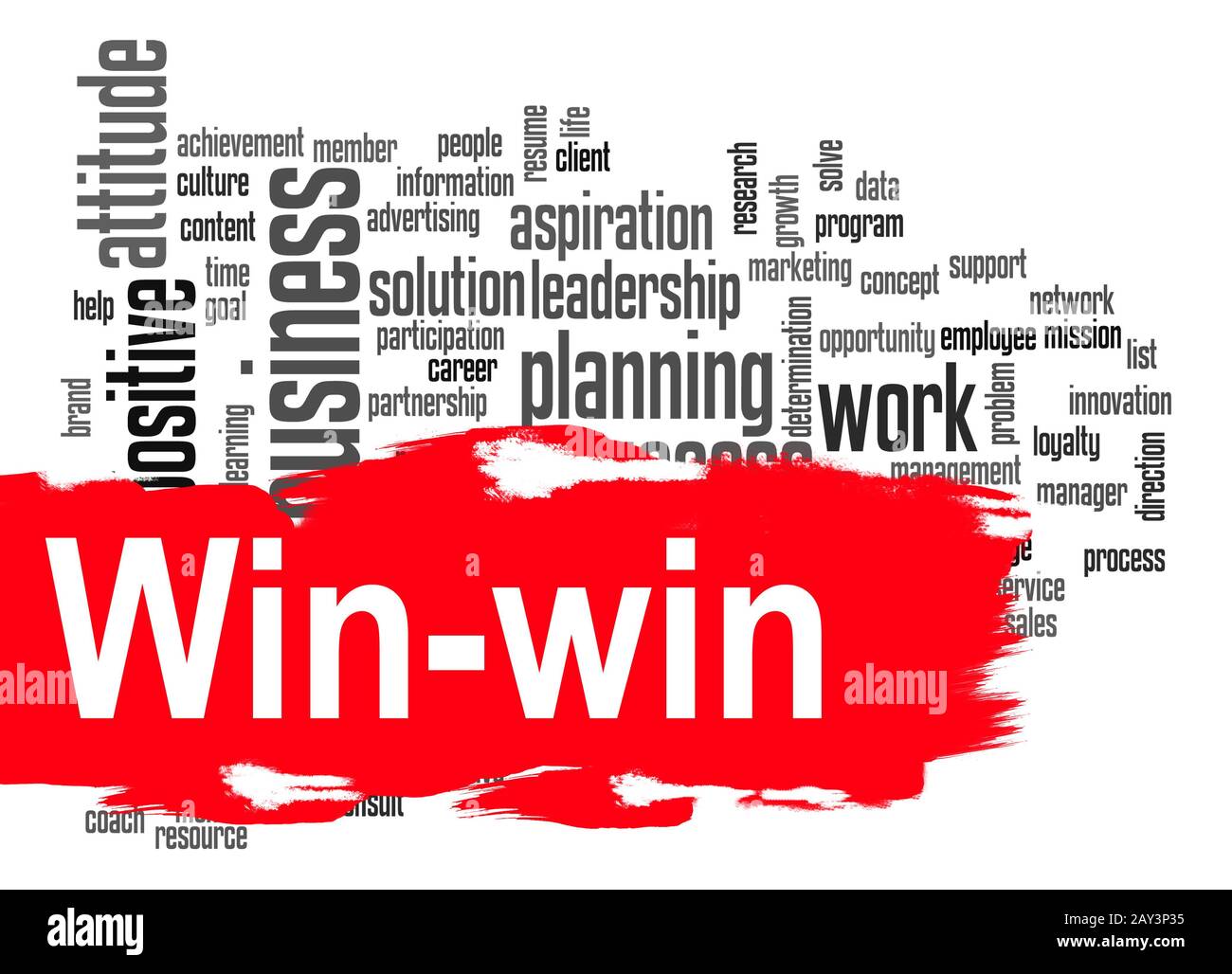 WIN-WIN Word Cloud mit rotem Banner Stockfoto