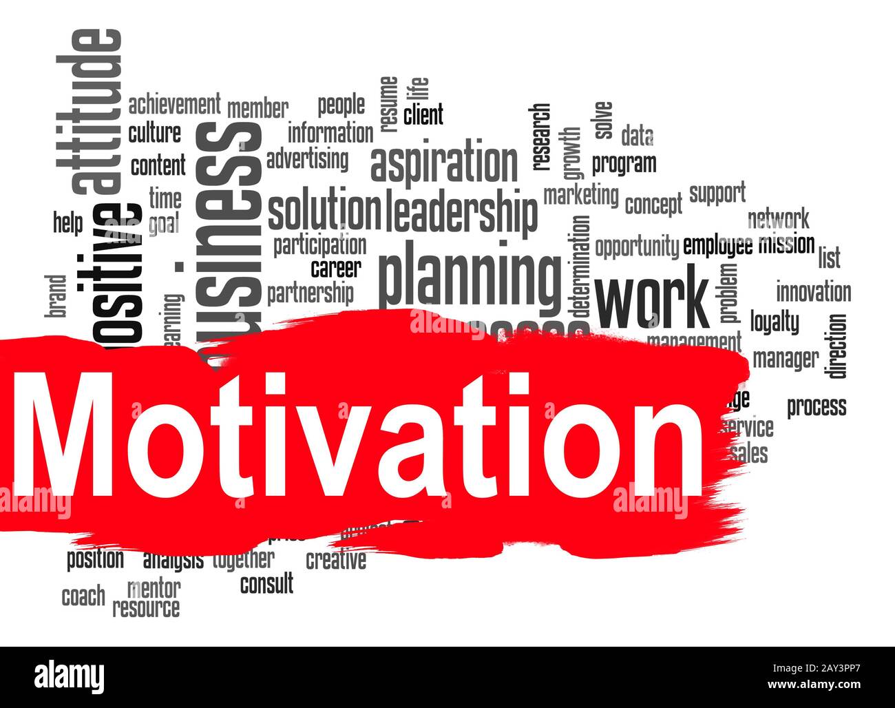 Motivationswort Cloud mit rotem Banner Stockfoto