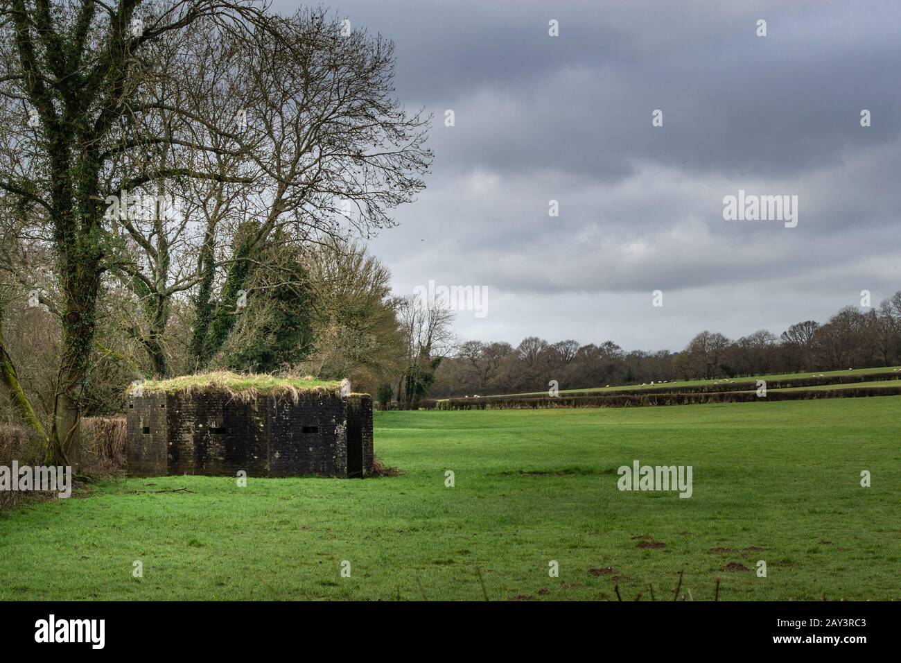 Ein Pillbox auf einem Feld in Wealden, East Sussex, England Stockfoto